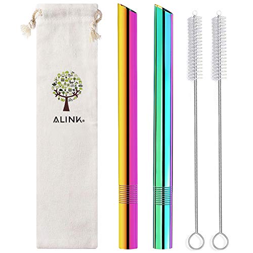 [Pointed Design] ALINK Stainless Steel Metal Boba Straws, 1/2" Wide Colored Reusable Smoothie Straws for Bubble Tea/Tapioca Pearl, 2 Straws + 2 Cleaning Brush + 1 Case