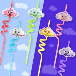 AFZMON Cloud Party Favors 24 PCS Cloud Drinking Straws with 2 Cleaning Brush On Cloud 9 Birthday Party Supplies Decorations