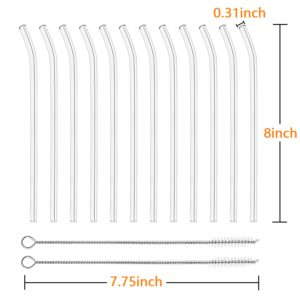 12 Pack Reusable Glass Straws - 8" x 8 MM, Bent Glass Drinking Straws with 2 Cleaning Brushes, Reusable Straws for Smoothies, Milkshake, Frozen Drinks, Tea, Juice