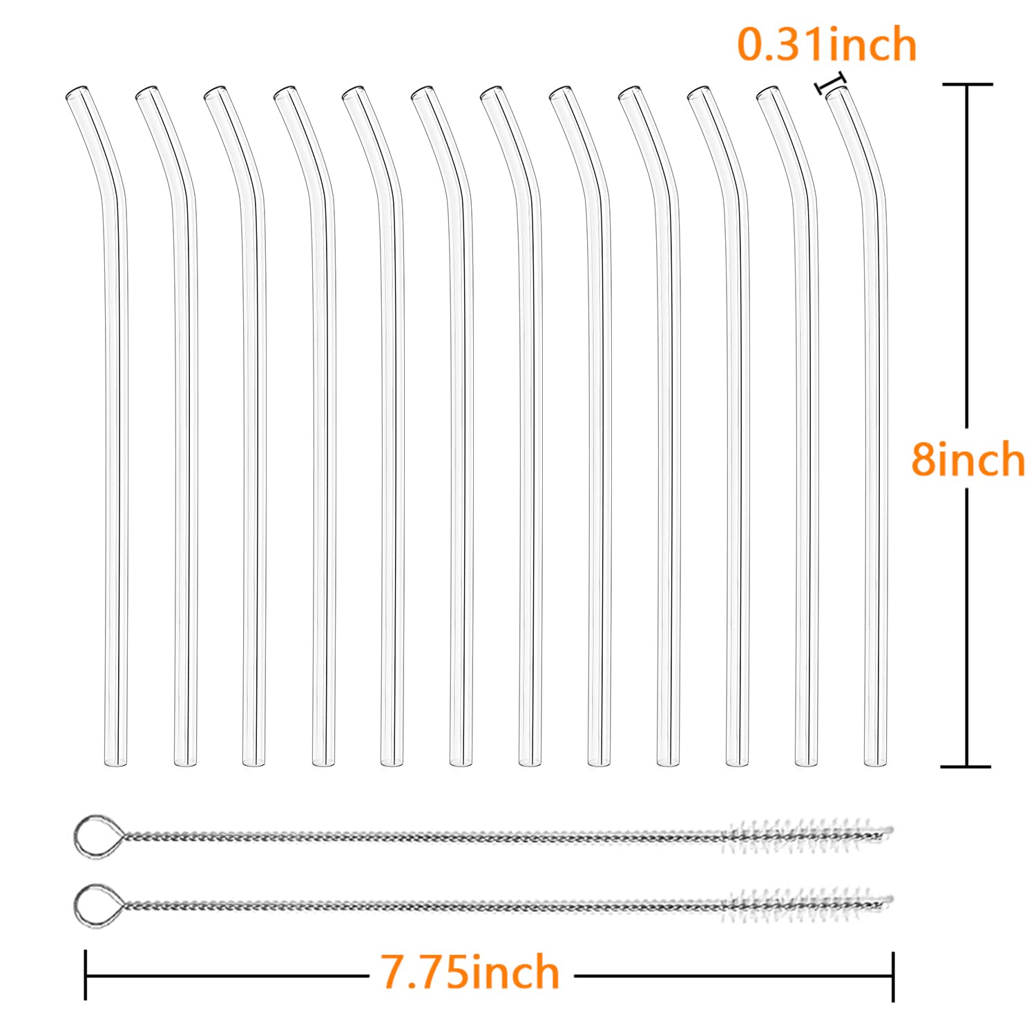 12 Pack Reusable Glass Straws - 8" x 8 MM, Bent Glass Drinking Straws with 2 Cleaning Brushes, Reusable Straws for Smoothies, Milkshake, Frozen Drinks, Tea, Juice