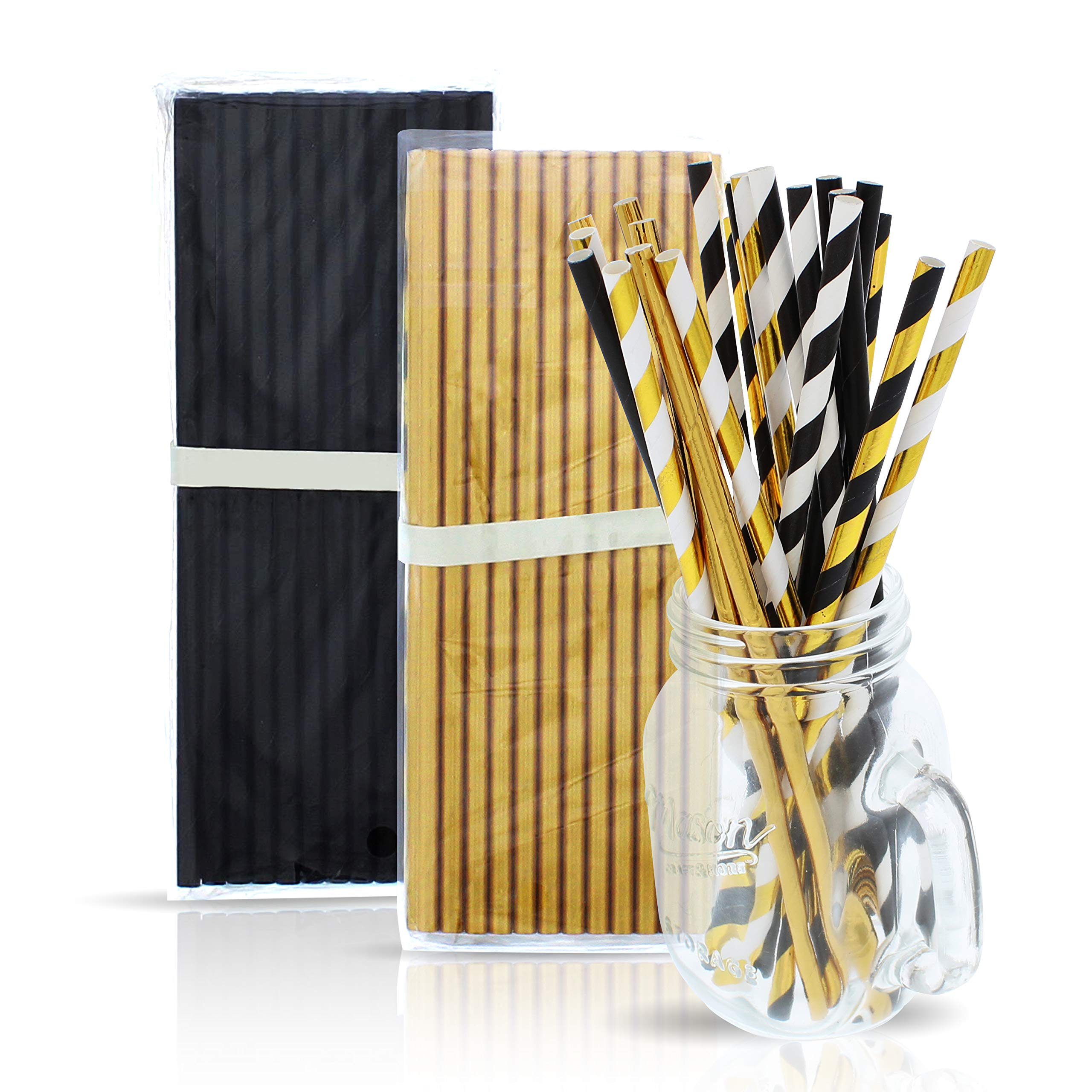 Party On Tap Black and Gold Straws - Great for Gold Party Decorations, Graduation, Bachelorette, Wedding, New Years Eve Parties - 125 Biodegradable Disposable Paper Straw Pack