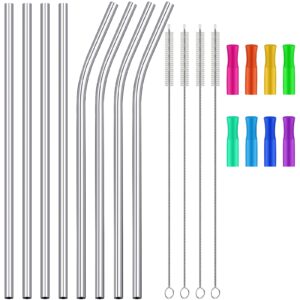 20 pieces 14 inch stainless steel straws long drinking straws for 100 oz tumblers with silicone tips, reusable metal drinking straws extra with 4 pieces cleaning brush