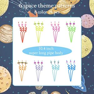 24 PC Outer Space Straws Party Favors, Reusable Plastic Straws for Birthday Party Decorations Include Solar System Astronaut Rocket Spaceship Satellite Planet Straws with 2 PC Clean Brushes