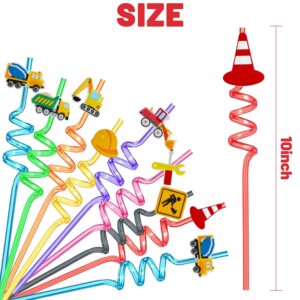 24 Construction Plastic Straws Reusable Drinking Straws with 2 Cleaning Brush Blender Truck Excavator Truck Bulldozer Transportation Straws Construction Party Favors Supplies Gift for Kids Boys