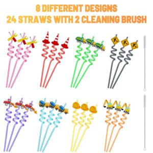 24 Construction Plastic Straws Reusable Drinking Straws with 2 Cleaning Brush Blender Truck Excavator Truck Bulldozer Transportation Straws Construction Party Favors Supplies Gift for Kids Boys