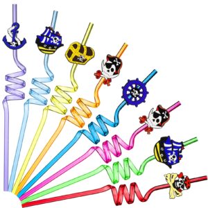 24 pieces pirate party favors pirate straws plastic reusable pirate straws for halloween pirate birthday party, 8 styles