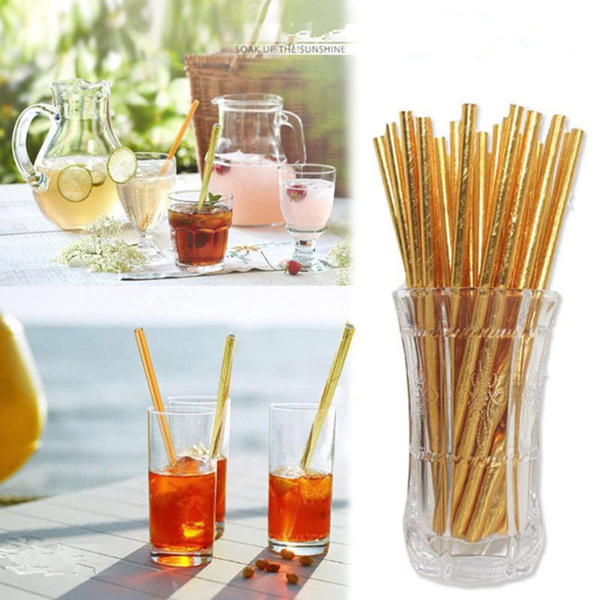 100Pack Gold Foil Paper Straws, Disposable Metallic Gold Drinking Straw Biodegradable Cocktail Straws for Birthday, Wedding, Party Supplies, 6*197 mm