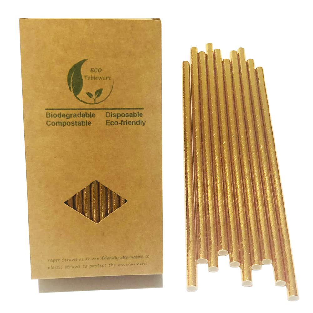 100Pack Gold Foil Paper Straws, Disposable Metallic Gold Drinking Straw Biodegradable Cocktail Straws for Birthday, Wedding, Party Supplies, 6*197 mm