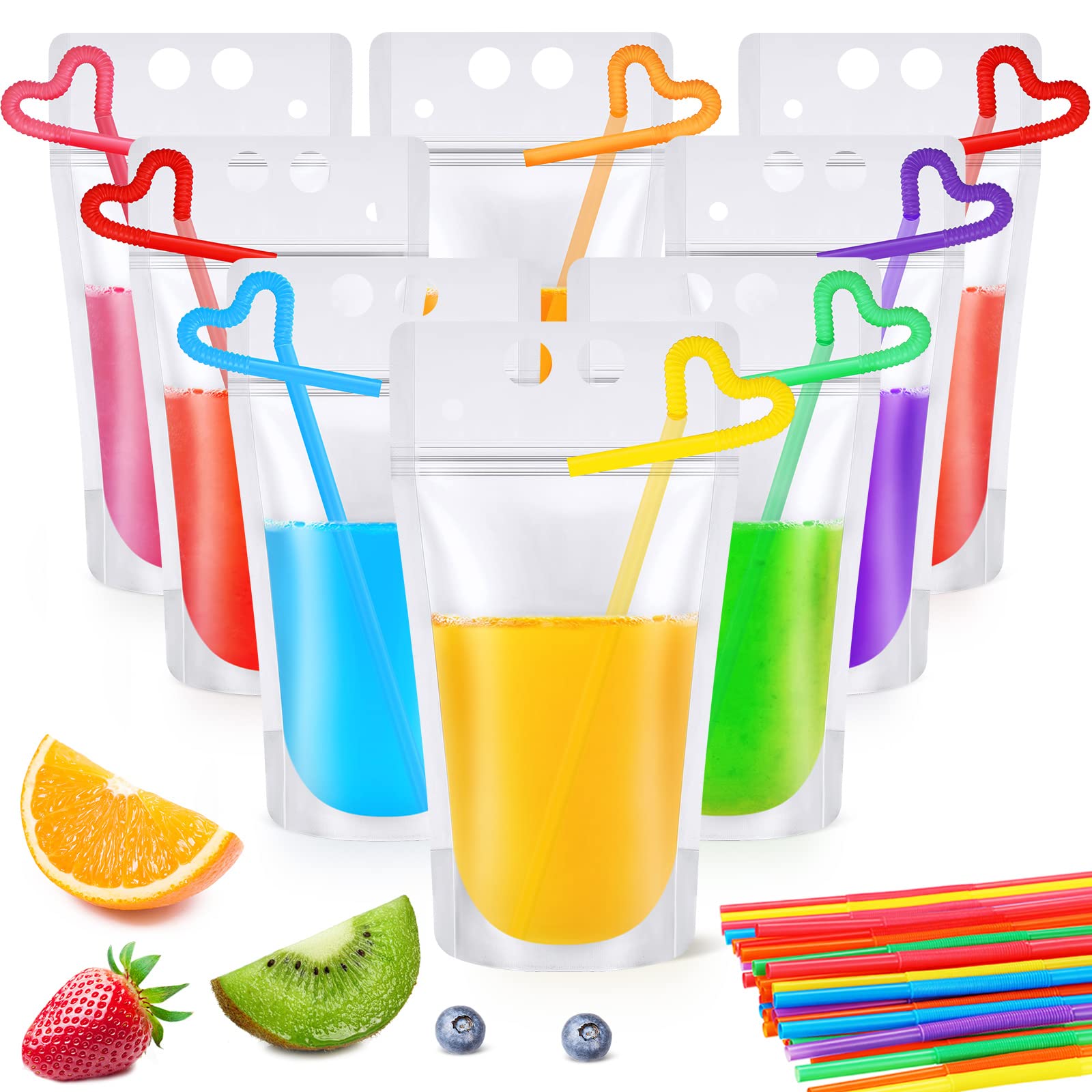 Nuenen 600 Pack Drink Pouches with Straws Plastic Juice Pouches for Adults and Kids Disposable Drink Bags Stand up Zipper Drinking Pouches for Smoothie Juice Coffee Tea Birthday Party (Classic)