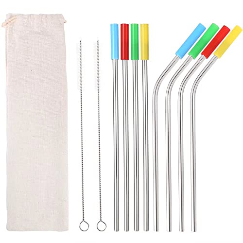 8 Pack Silver Reusable Metal Straws Stainless Steel Straws with Silicone Tip & Travel Case & Cleaning Brush for 20-30oz Yeti Tumblers Dishwasher Safe Eco-friendly Portable