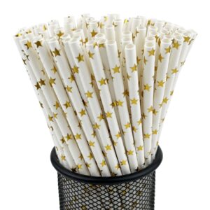 YAOSHENG Paper Straws for drinking, Pack 100 Gold Stars Paper Straws for Cocktail Party Supplies,Birthday,Wedding,Bridal/Baby Shower,Juice,shakes,Smoothies