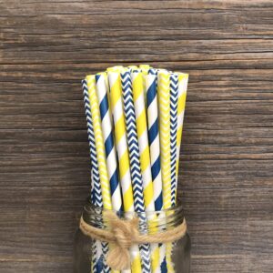 Outside the Box Papers Yellow and Navy Blue Chevron and Stripe Paper Straws 7.75 Inches- 100 Navy Blue, Yellow