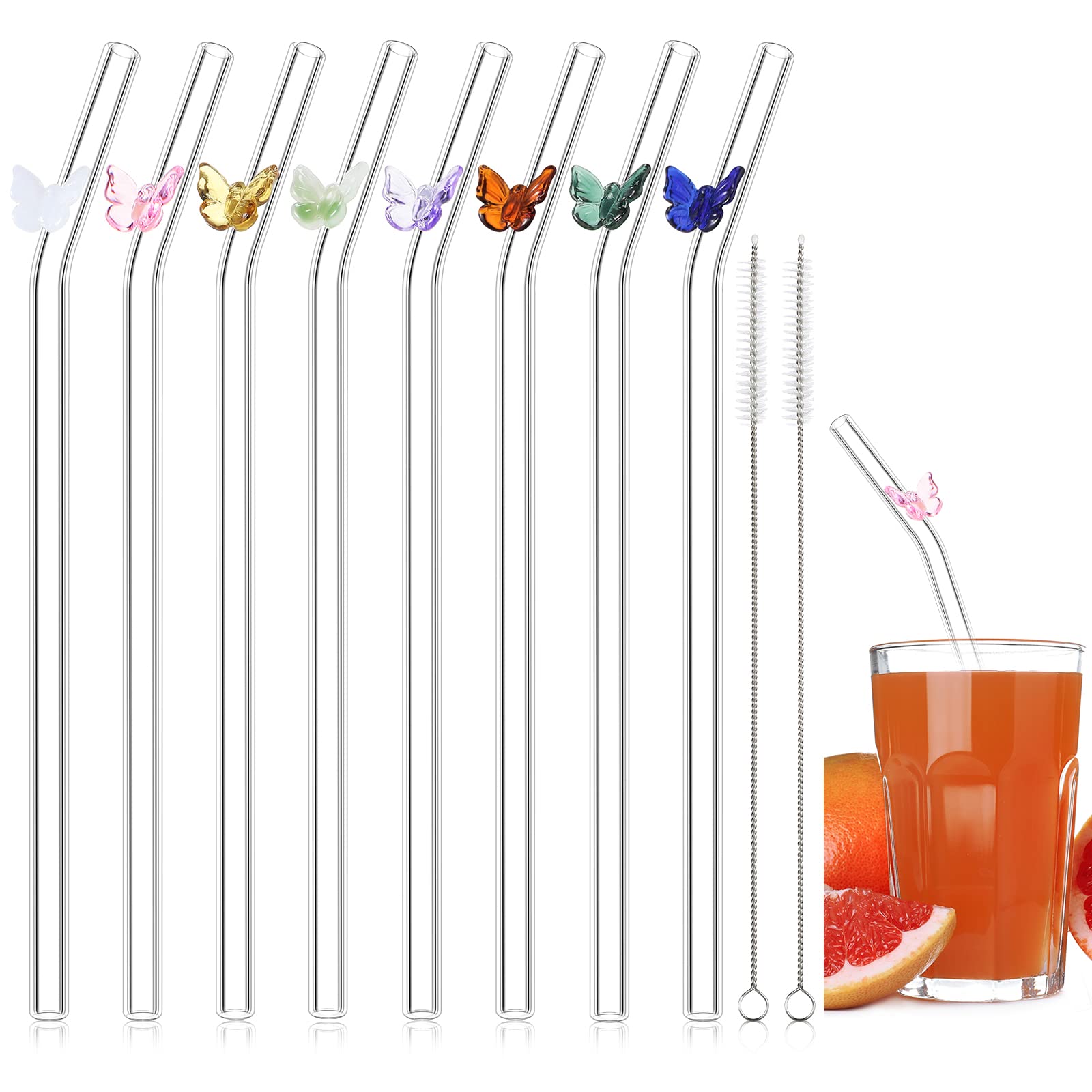 8 Pcs Glass Straws with Butterflies 8 mm x 7.9 Reusable Glass Straws Colorful Glass Butterfly Straws Shatter Resistant Bent Drinking Straws with 2 Cleaning Brushes for Smoothie Juice Beverages