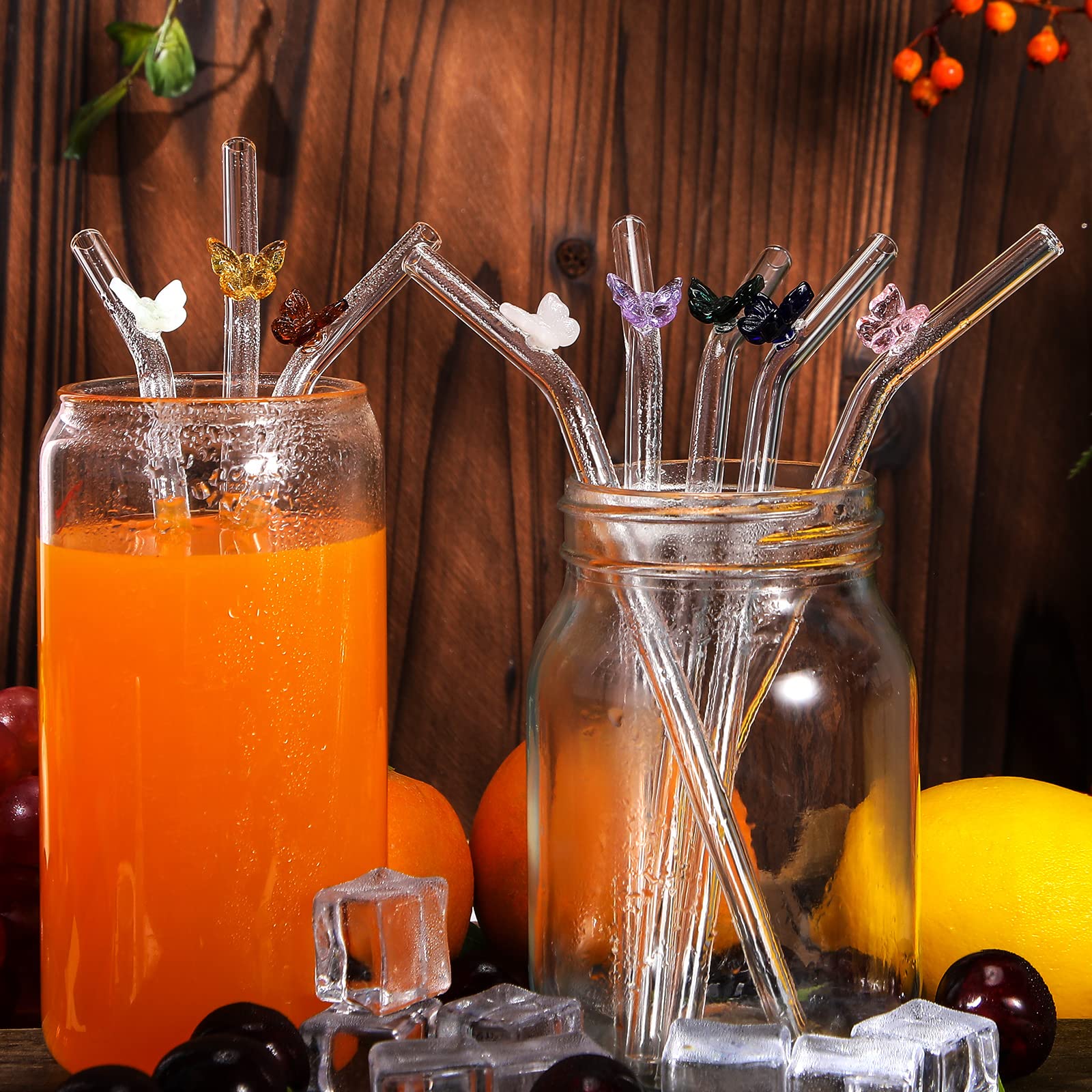 8 Pcs Glass Straws with Butterflies 8 mm x 7.9 Reusable Glass Straws Colorful Glass Butterfly Straws Shatter Resistant Bent Drinking Straws with 2 Cleaning Brushes for Smoothie Juice Beverages
