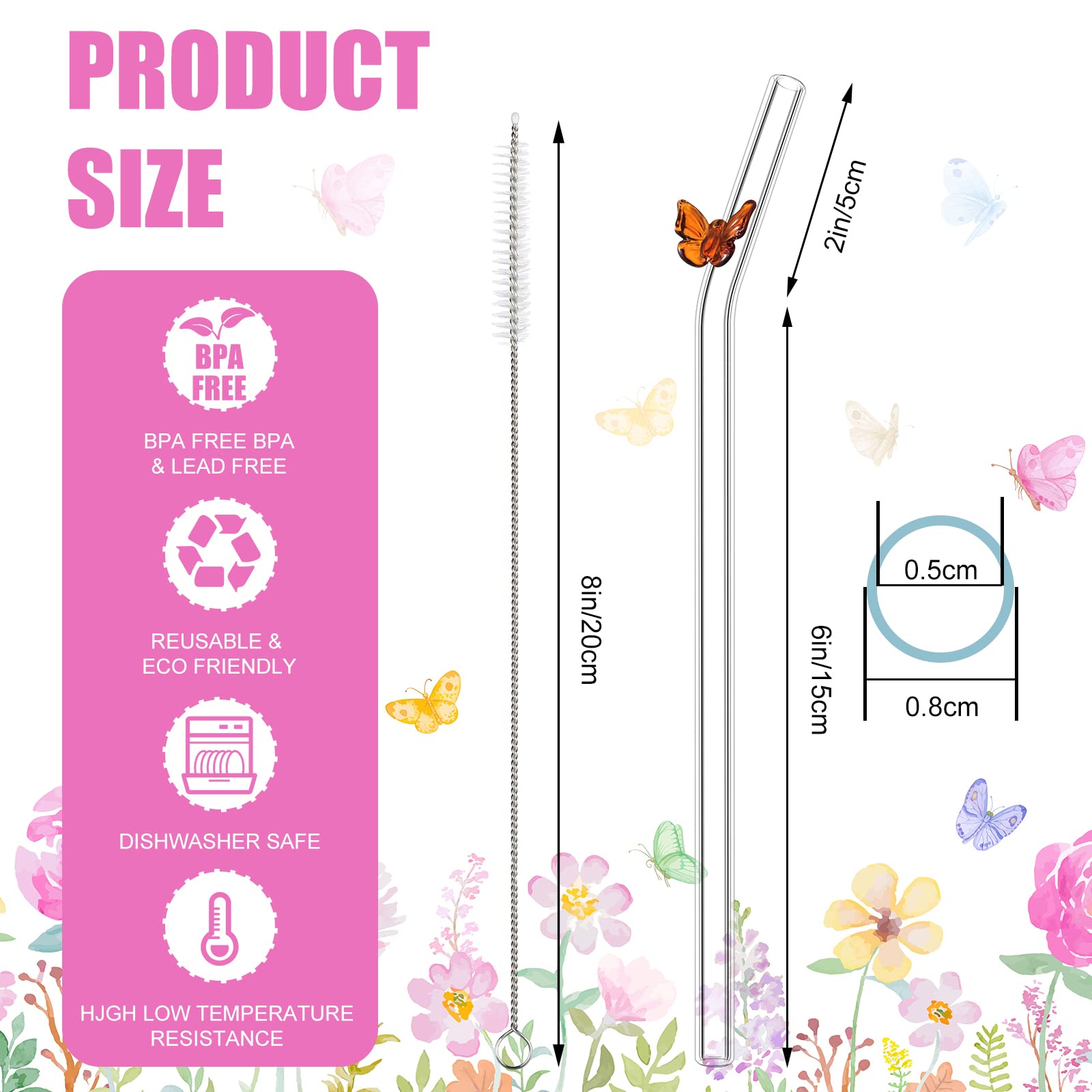 8 Pcs Glass Straws with Butterflies 8 mm x 7.9 Reusable Glass Straws Colorful Glass Butterfly Straws Shatter Resistant Bent Drinking Straws with 2 Cleaning Brushes for Smoothie Juice Beverages