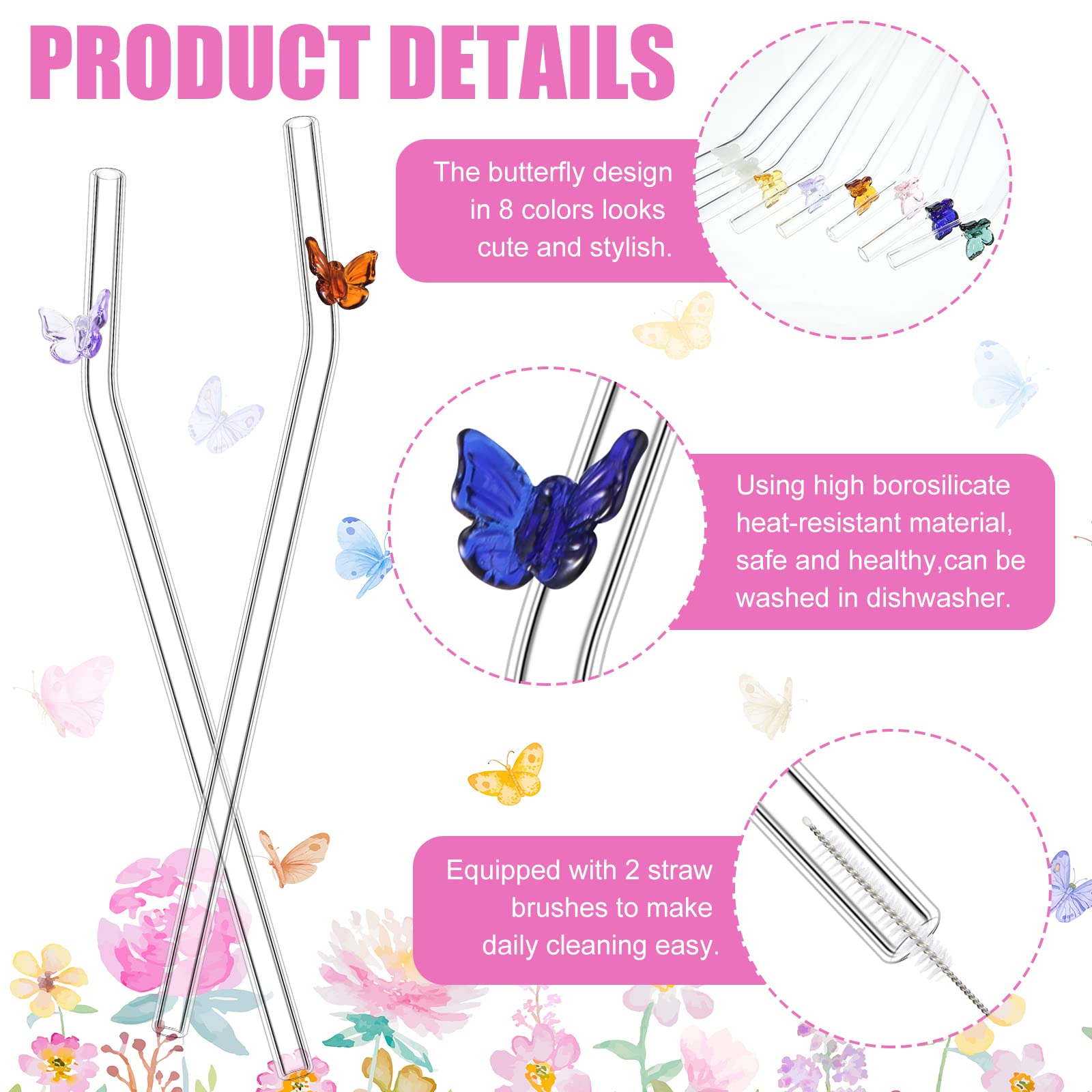 8 Pcs Glass Straws with Butterflies 8 mm x 7.9 Reusable Glass Straws Colorful Glass Butterfly Straws Shatter Resistant Bent Drinking Straws with 2 Cleaning Brushes for Smoothie Juice Beverages