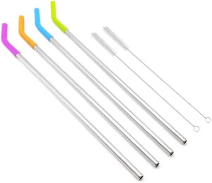 big drinking straws reusable 14.5" extra long 8mm extra wide food-grade 18/8 stainless steel silicone elbows tips for smoothie milkshake cocktail juice hot drinks - set of 4 + 2 cleaning brushes