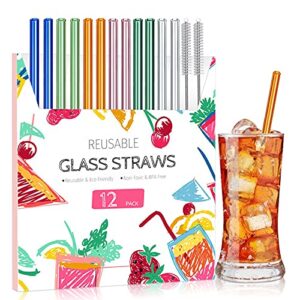 reusable glass straws, 12-pieces drinking straws with 2 cleaning brushes, dishwasher safe for shatter resistant, eco friendly reusable straws - multicolor