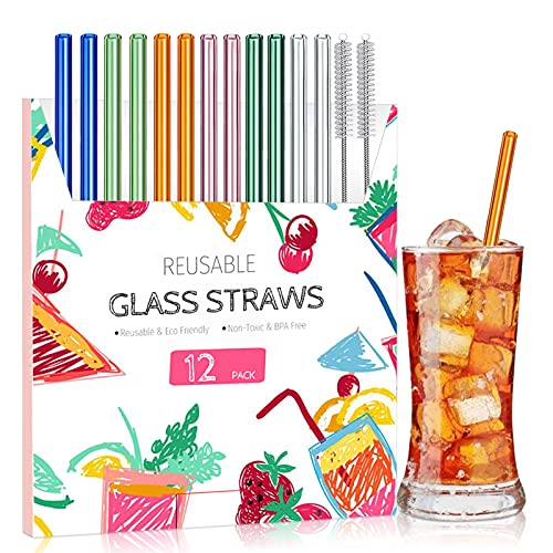 Reusable Glass Straws, 12-Pieces Drinking Straws with 2 Cleaning Brushes, Dishwasher Safe for Shatter Resistant, Eco Friendly Reusable Straws - Multicolor