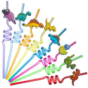 24 Pieces Reusable Dinosaur Straws Reusable Silly Dinosaur Drinking Straws for Kids Safari Jungle Dinosaur Theme Party Supplies Decorations Birthday Party Favors 8 Styles, 8 Colors