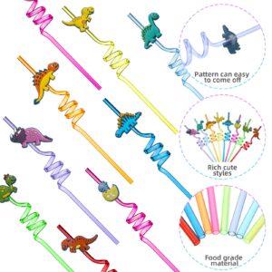 24 Pieces Reusable Dinosaur Straws Reusable Silly Dinosaur Drinking Straws for Kids Safari Jungle Dinosaur Theme Party Supplies Decorations Birthday Party Favors 8 Styles, 8 Colors