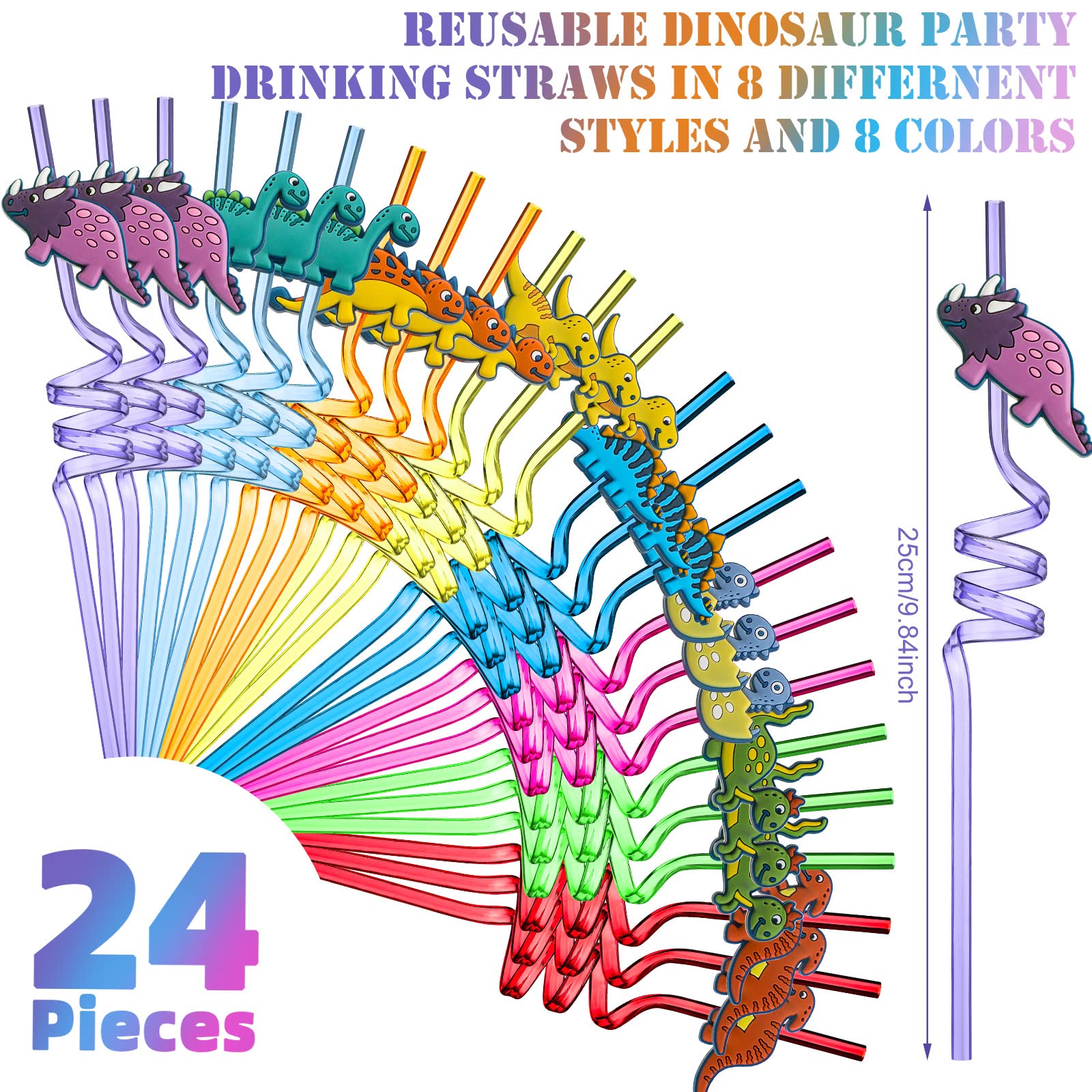 24 Pieces Reusable Dinosaur Straws Reusable Silly Dinosaur Drinking Straws for Kids Safari Jungle Dinosaur Theme Party Supplies Decorations Birthday Party Favors 8 Styles, 8 Colors