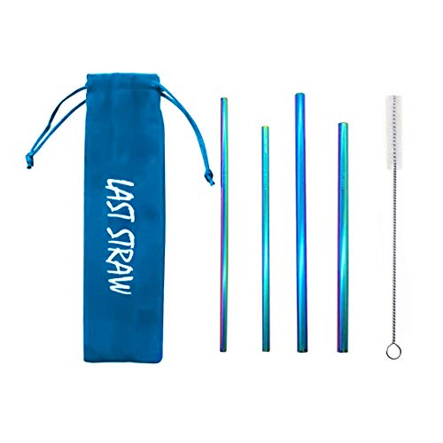 LAST STRAW Sky Blue Velvet Collection – Portable 304 Stainless Steel Cocktail Length Eco-Friendly Drinking Straws - Set of 4 Washable Rainbow Metal Straws + Brush + Velvet Carrying Pouch