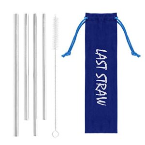 LAST STRAW Sky Blue Velvet Collection – Portable 304 Stainless Steel Cocktail Length Eco-Friendly Drinking Straws - Set of 4 Washable Rainbow Metal Straws + Brush + Velvet Carrying Pouch