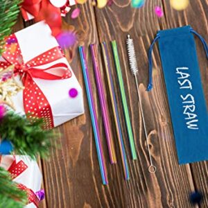 LAST STRAW Sky Blue Velvet Collection – Portable 304 Stainless Steel Cocktail Length Eco-Friendly Drinking Straws - Set of 4 Washable Rainbow Metal Straws + Brush + Velvet Carrying Pouch