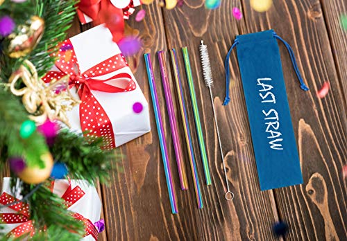 LAST STRAW Sky Blue Velvet Collection – Portable 304 Stainless Steel Cocktail Length Eco-Friendly Drinking Straws - Set of 4 Washable Rainbow Metal Straws + Brush + Velvet Carrying Pouch