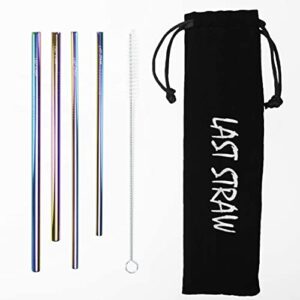 LAST STRAW Sky Blue Velvet Collection – Portable 304 Stainless Steel Cocktail Length Eco-Friendly Drinking Straws - Set of 4 Washable Rainbow Metal Straws + Brush + Velvet Carrying Pouch