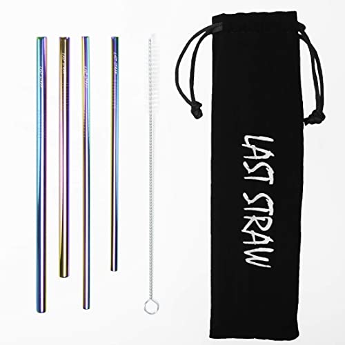 LAST STRAW Sky Blue Velvet Collection – Portable 304 Stainless Steel Cocktail Length Eco-Friendly Drinking Straws - Set of 4 Washable Rainbow Metal Straws + Brush + Velvet Carrying Pouch