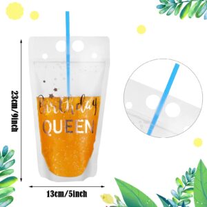20 Pieces Birthday Squad Drink Pouch Bag with Straw Birthday Queen Heavy Duty Hand-Held Translucent Reclosable Zipper Smoothie Juice Pouches Stand-up Plastic Pouches for Birthday Party Adults