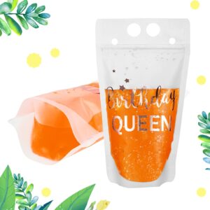 20 Pieces Birthday Squad Drink Pouch Bag with Straw Birthday Queen Heavy Duty Hand-Held Translucent Reclosable Zipper Smoothie Juice Pouches Stand-up Plastic Pouches for Birthday Party Adults