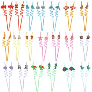 dicunoy 40 pcs jungle animal plastic drinking straws, reusable sea animal birthday party supplies straws, colorful fun twisty straws for under the sea, woodland, kid party favors decorations