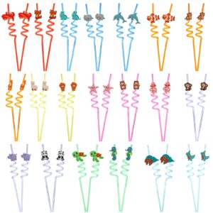 Dicunoy 40 PCS Jungle Animal Plastic Drinking Straws, Reusable Sea Animal Birthday Party Supplies Straws, Colorful Fun Twisty Straws for Under the Sea, Woodland, Kid Party Favors Decorations