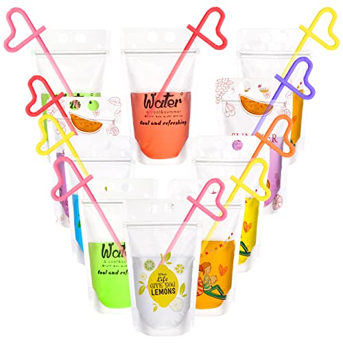 24 Set Drink Pouches Beverage Juice Bags with Straws and Zipper Drinking Cups for Birthday Cheers Stand-up Carnival Party Favor