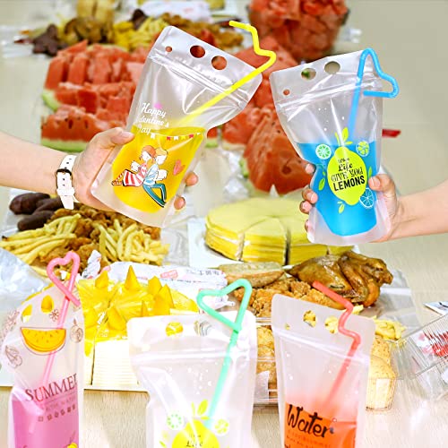 24 Set Drink Pouches Beverage Juice Bags with Straws and Zipper Drinking Cups for Birthday Cheers Stand-up Carnival Party Favor