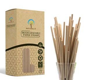 naturalik 100-pack extra durable biodegradable paper straws - dye-free- eco-friendly sturdy paper straws bulk- drinking straws for smoothies, restaurants and party decorations, 7.7" (brown 100ct)