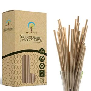 Naturalik 100-Pack Extra Durable Biodegradable Paper Straws - Dye-Free- Eco-Friendly Sturdy Paper Straws Bulk- Drinking Straws for Smoothies, Restaurants and Party Decorations, 7.7" (Brown 100ct)