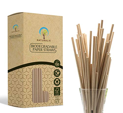 Naturalik 100-Pack Extra Durable Biodegradable Paper Straws - Dye-Free- Eco-Friendly Sturdy Paper Straws Bulk- Drinking Straws for Smoothies, Restaurants and Party Decorations, 7.7" (Brown 100ct)