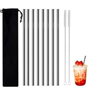 stainless steel straws 8 pcs, large 265mm (l)* 12mm (d) straight straws for 50 oz tumblers, reusable enviro friendly straws with 2 brushes, clothing bag package for parties/home/bar/inns