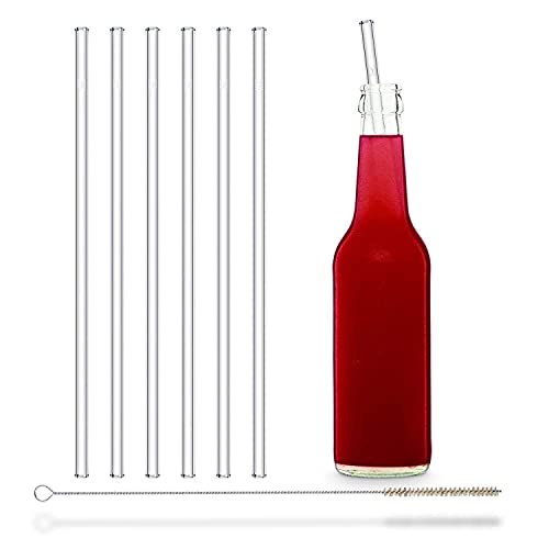 Halm Glass Straws - 6x 11 inch Long Straight Drinking Straws for Bottles + Plastic Free Cleaning Brush - Dishwasher Safe - Sustainable, Water Bottles