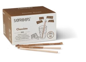 sorbos edible straws, chocolate flavored, sustainable, individually packaged, no plastic, no allergens, no gluten, no pfas, 100 percent biodegradable, 7.4 inches long (pack of 200)