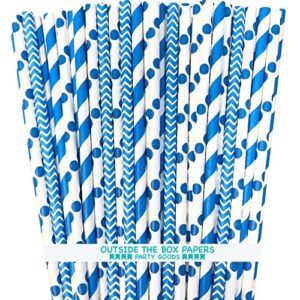paper straws - blue white - stripe chevron polka dot - 7.75 inches - 100 pack - outside the box papers brand