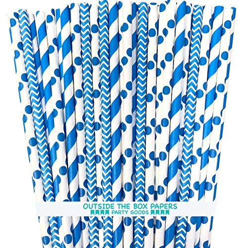 Paper Straws - Blue White - Stripe Chevron Polka Dot - 7.75 Inches - 100 Pack - Outside the Box Papers Brand