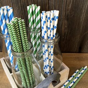 Paper Straws - Blue White - Stripe Chevron Polka Dot - 7.75 Inches - 100 Pack - Outside the Box Papers Brand