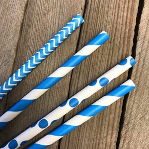 Paper Straws - Blue White - Stripe Chevron Polka Dot - 7.75 Inches - 100 Pack - Outside the Box Papers Brand