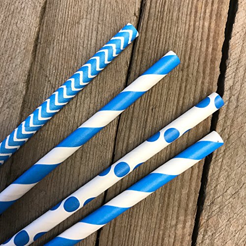 Paper Straws - Blue White - Stripe Chevron Polka Dot - 7.75 Inches - 100 Pack - Outside the Box Papers Brand