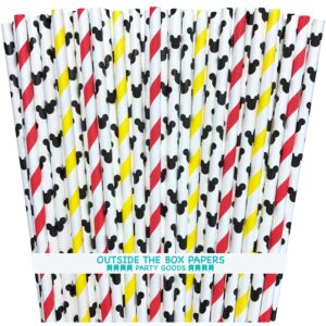 mickey mouse inspired and stripe paper straws - red black yellow white - 100 pack - outside the box papers brand